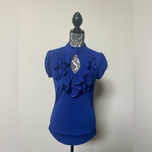 HeartSoul Royal Blue Short Sleeve Ruffled Blouse with Rushed Detail